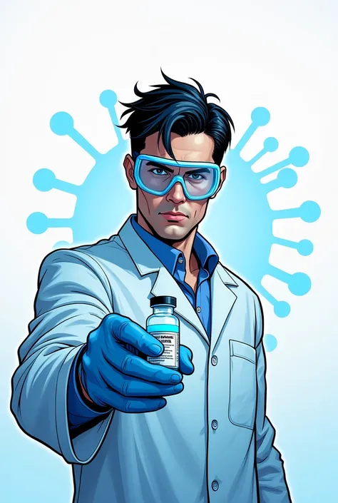 create a comic book drawing with blue tones on a white background of a scientist holding a vaccine