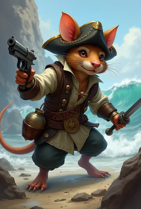 A pathfinder v2 Ratfolk guslinger with a flintlock pistol in his left handand and a shortsword in his right hand, dressed as a corsaire with small alchimic grenade at his belt