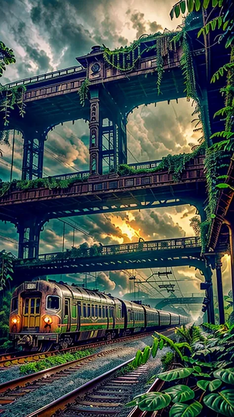 Train Station, aesthetic, steampunk derelict trains, railroads, stacked on top of each other in the jungle, covered with vines, plants, cogs, gears; epic lighting, cinematic, brilliant, stunning, intricate, meticulous, dramatic, atmospheric, maximalist, di...