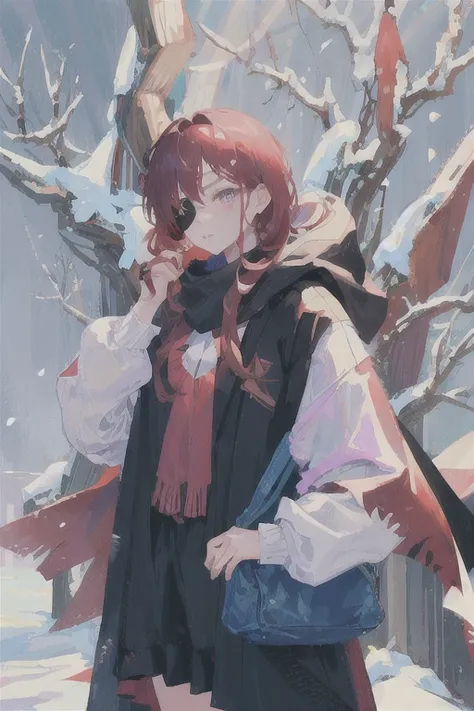 Cold girl, wearing red cloak, butterfly wing, very long red hair, purple eyes, wearing rose eye patch, snowing 