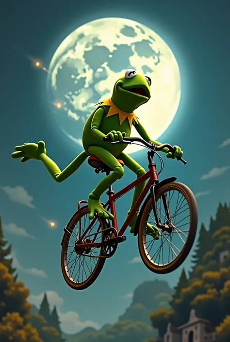 Kermit the Frog riding a bike, and flying in the air, with the full moon in the background