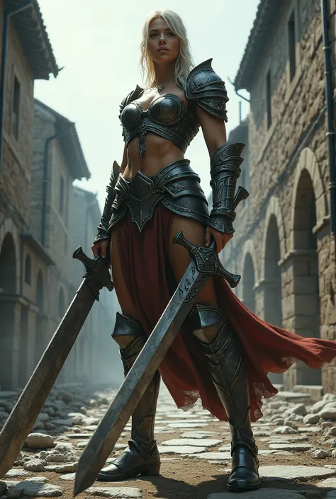 giant woman with battle sword in hand in a ancient street, low angle,Panty shot、Woman warrior、Leg spread