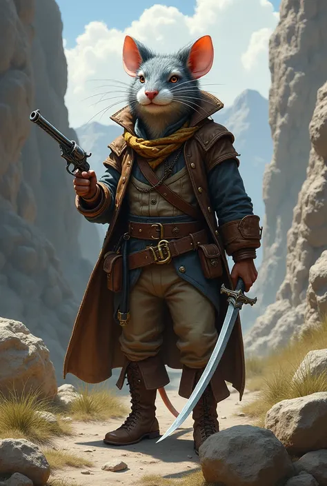 A gray and white furred pathfinder ratman with a flintlock pistol in his left hand and a short sword in his right hand dressed like a privateer