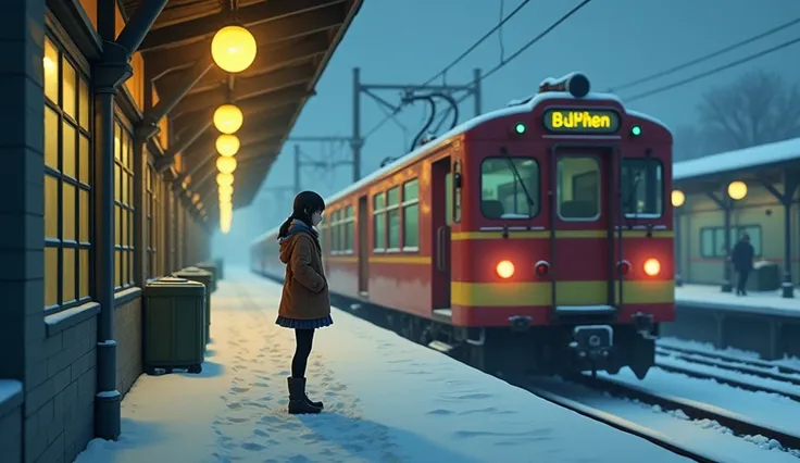 90s century station, 90s century train, 90 century girl, train at japanes station, snowy night, girl wear winter school uniform, waiting for train, yellow bulbs, fog, red an yellow train
