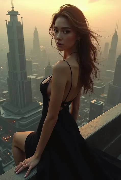 Huge sprawling city bladerunner 2049 style,fisheye effect,Hailee steinfeld with brown flowing hair,Extreme Closeup,,young Caucasian woman standing on rooftop below towering futuristic lattice buildings,Smokey eyes ,black flowing  dress blowing in wind,thig...