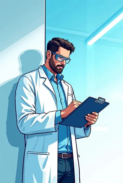 create a comic book drawing with blue tones and a white background of a scientist looking at a clipboard