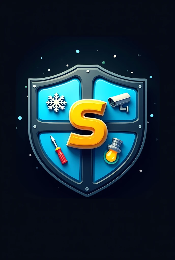 Science Club Logo, shield, with snowflake, a screwdriver, Security camera, and a scientific lamp divided into four boxes with blue backgrounds, Unripe, yellow 3d logo, black backdrop, Clear and cute logo