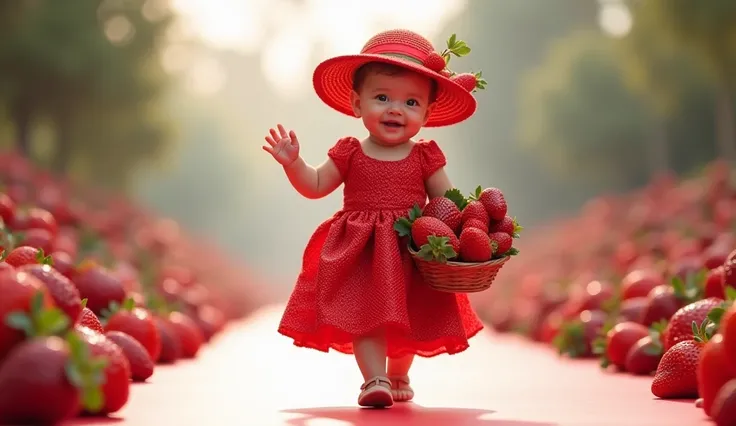 Create a scene where an adorable baby is dressed in a fashionable outfit made of natural strawberries, wearing a hat with strawberry decorations, carrying a basket of strawberries in one hand, waving the other hand while wearing a fashionable couture dress...