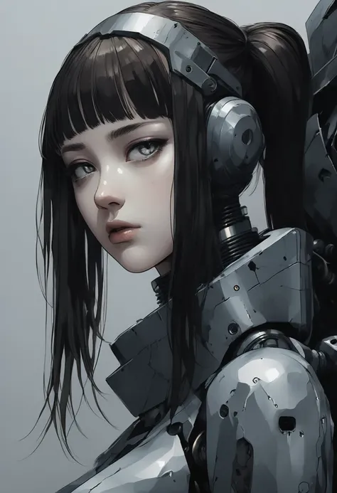 An android girl, a robot girl, her body parts are robotic, only her face looks like a human, the rest of her body is pieces of rusty, dented metal, an atmosphere of hopelessness emanates, a foggy screen, her face does not express anything, only an exorbita...