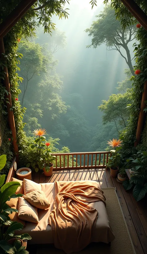 A high-up view from a treehouse-like bedroom looking out over a dense, misty jungle canopy. Thick, lush foliage stretches out in every direction, with vines hanging and exotic flowers blooming among the trees. The room has natural wood finishes, large leaf...