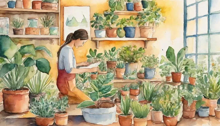 water color art, of a person organizing their home with lots of color and plants in the background