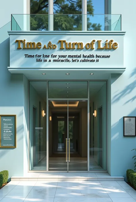 Its a beautiful place, well designed, a mansion with a light blue color, and large tiles imitating wood, in the background, near the entrance door, which is made of glass, the wall is
everything white. On the facade it is written: Time and Turn of Life in ...