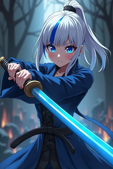 adult  woman, Demon Slayer style anime, katana with blue handle, white hair with blue tips, blue colored eyes, and demon hunter uniform from the anime demon slayer 