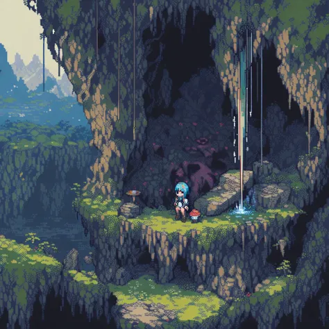 (masterpiece, Highest quality:1.2), Pixel art,There is a mysterious place in the cave,Blue haired female angel,Short hair