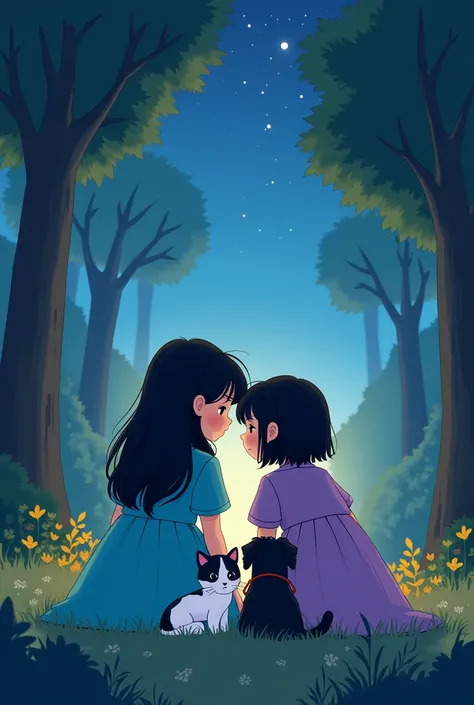 Create an image to share between two sisters in a cartoon, one wearing a turquoise dress, the other wearing a purple dress, and they are looking at a starry night with their backs turned in a green forest. Each one has their pet, the one in the turquoise d...