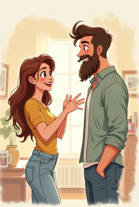 Draw me a cute couple sketch where the girl is trying to prank her boyfriend by funnily acting to light his beard
