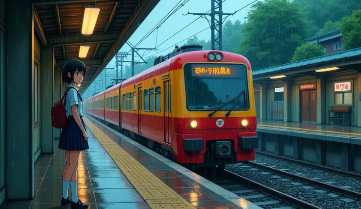 2d anime, 90s century station, 90s century train, 90 century girl, train at japanes station, rainy evening, girl wear school uniform, waiting for train, pleasant environment,  greenri everywhere, a light raning, red an yellow train
