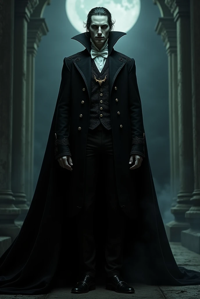 Dracula wearing Victorian style clothing with a long black coat and a long black cape attached by a bat-shaped brooch