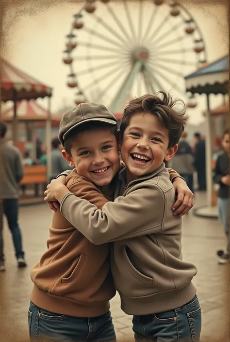 Create a vintage style photo/old of two friends hugging, Grinning ( Two boys)  They are in an amusement park in the background, with elements such as a Ferris wheel or carousel visible. The image should have an aged appearance, with sepia tones or black an...