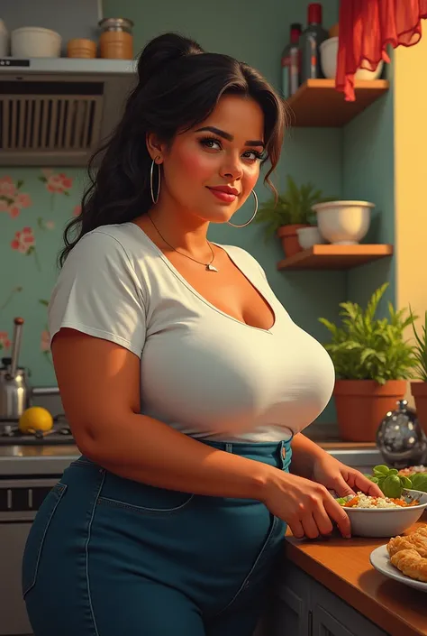 a beautiful fair-skinned, plump, curvy, mexican woman, 1 women, wearing tight t-shirt and slacks, working in the kitchen, extremely detailed facial features, detailed eyes, detailed lips, long eyelashes, hyper realistic, oil painting, masterpiece, high res...