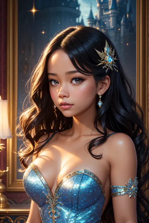 portrait Jenna Ortega, wearing sexy Cinderella outfit, against the background of the Disney castle, 6 0 3 0 s, wavy hair, intricate, elegant, highly detailed, digital painting, artstation, concept art, smooth, sharp focus, illustration, art by thomas kindk...