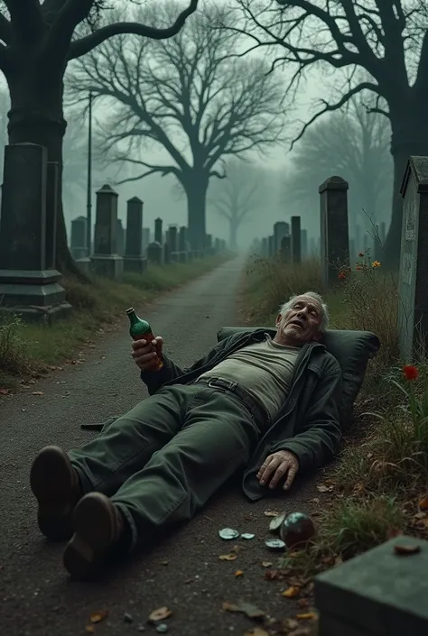 drunk old man lying in a cemetery