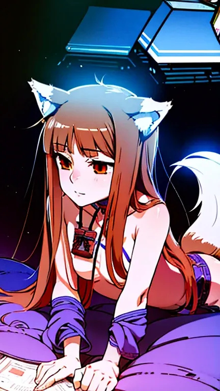 1girl, holo, wolf ears, wolf tail, cute, beautiful, sexy, detailed, good anatomy, good quality, good graphics, anime