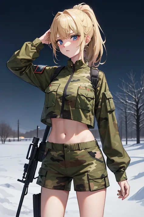 Outdoor、nightのmilitary base、(midnight:1.5), beautiful girl、(Blonde:1.5)、ponytail、Belly-baring camouflage combat uniform、Crop tops、camouflage-patterned shorts、Thighs、Stick a knife in one of your legs、Hold the rifle with both hands、military base、fire、night