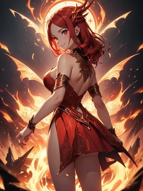 (((best quality, sharp image, clear image, cinematic lighting, 8k resolution, masterpiece, ultra detailed, intricate))) Girl, sorcerer, cute, intricate dress, smiling, fiery red, ((intricate background)), (rune frame), dimension, ((shot from behind)), fire...