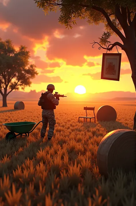 A field of cut straw.  Round balls ms in the background . A sunset . On one of the bales of straw a green wheelbarrow. En premier plan un arbre avec un cadre photo  accroché a son tronc . Un militaire en treillis qui vise une chaise aubmilieu du champ. Sty...