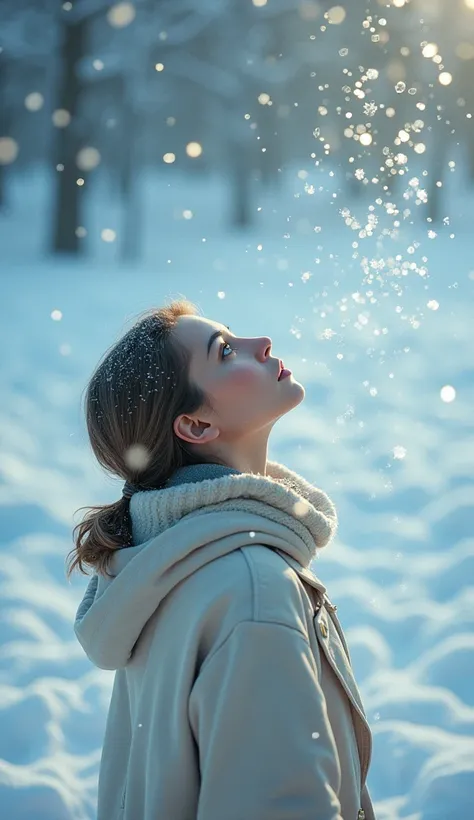 Snowflakes dancing, woman looking up, birds eye view,