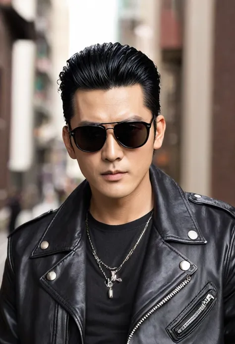 「Male Characters。With black pompadour hairstyle、Im wearing sunglasses。There is a scar on the left eyebrow。Wearing a double rider jacket。There is only one character、In the image above from the chest、He has a cool, confident look。」