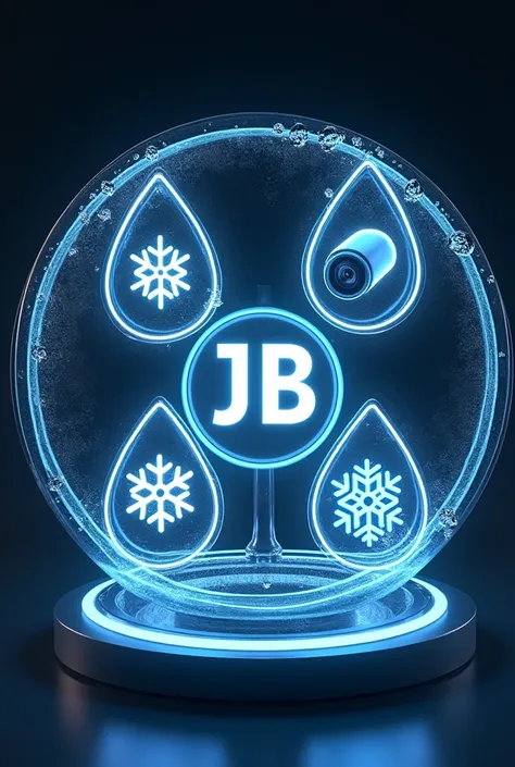 game type with a rotating shield like drops of water divided into 4 drops, one with security camera, a snowflake, an electric lamp, two jb tools must be between the letters
