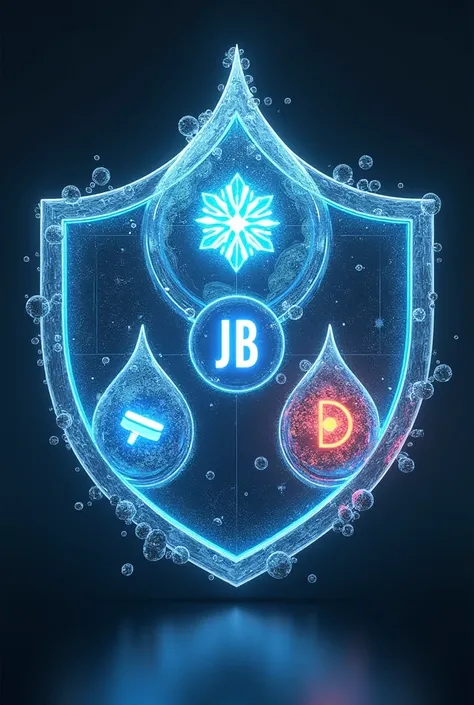 game type with a rotating shield like drops of water divided into 4 drops, one with security camera, a snowflake, an electric lamp, two jb tools must be between the letters
