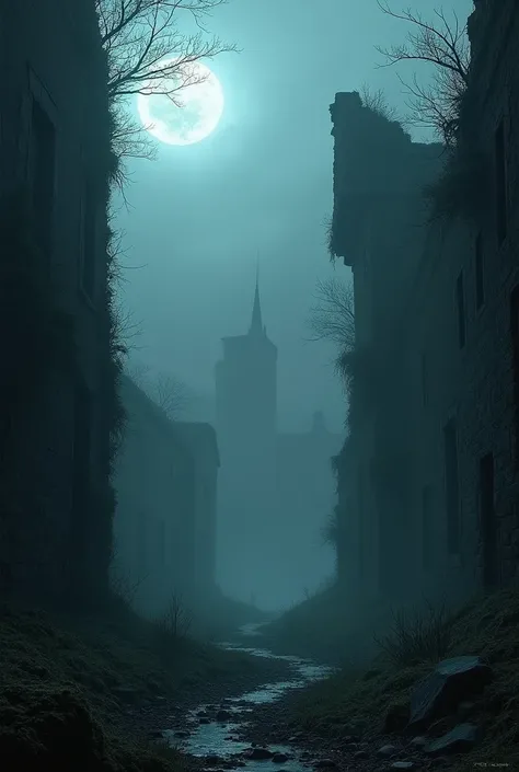 An old, abandoned ruin in a remote village at night, surrounded by dense fog. The broken walls are covered with moss and vines. The moonlight is dim, casting eerie shadows. The atmosphere feels heavy and foreboding, with a sense of mystery and danger. Ther...