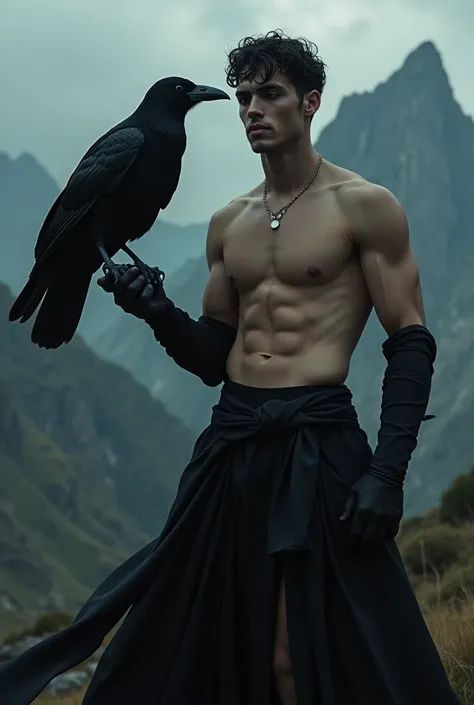 handsome and naked man holding a black raven. Mountains behind of him. Image must be inspired by stories of Edgar Alan Poe. Mistery image.