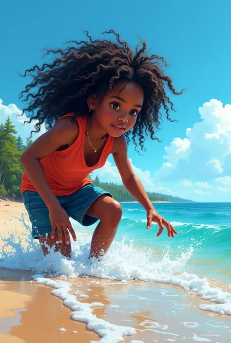 A young black teenager with long, messy hair on the beach, dipping her fingers into the crystal clear, icy water., the sky is blue and the sun is very bright, in the background of the image you can see small forests, I want vibrant and very eye-catching co...