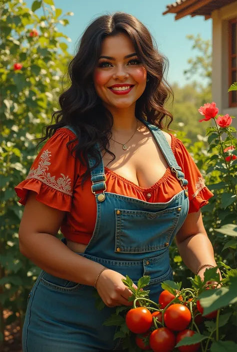 a beautiful fair-skinned, plump, curvy, mexican woman, 1 women, smiling, wearing tight t-shirt and slacks, working in the garden, extremely detailed facial features, detailed eyes, detailed lips, long eyelashes, hyper realistic, oil painting, masterpiece, ...