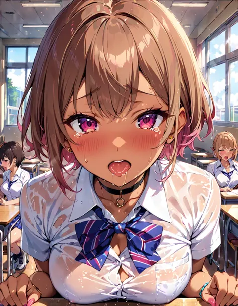 (Highest quality, 4K, 8k, High Resolution masterpiece:1.2), Very detailed, Picturesque, Anime-style photos, Photo Animation:1.37)、a beautiful girl、(Brunette Hair)、(pixie cut)、highschool uniform、white shirt、checked scart 、gyaru、tan、in the class room、During ...