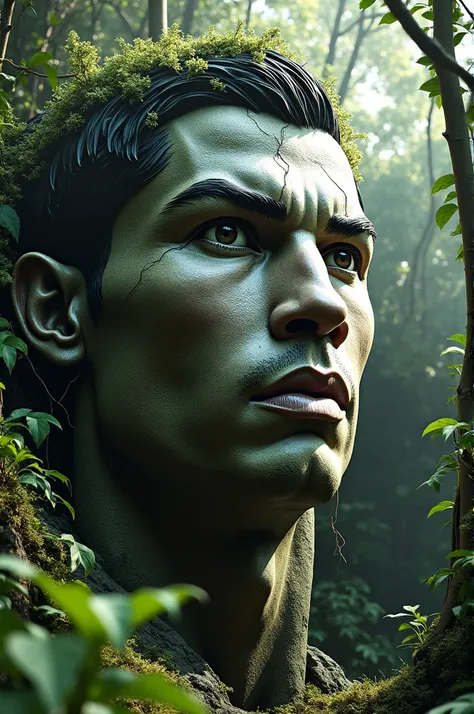 gigantic stone face of Cristiano Ronaldo emerging from a dense jungle, moss and vines covering parts of the face, overgrown forest environment, realistic texture on stone, intricate details, sunlight filtering through the trees, ultra-realistic, 8k --ar 9:...