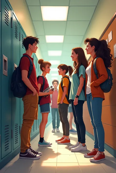 create an art drawing of teenagers interacting in a school setting