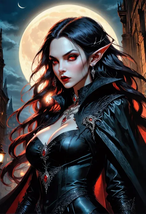 anime comic illustration fantasy art, gothic art, portrait of a female vampire elf, casting dark spell, with a long curvy hair, dynamic color hair, red eyes, busty, Ultra Detailed Face, small pointed ears, blue cloak,  flowing cloak, wearing an intricate b...