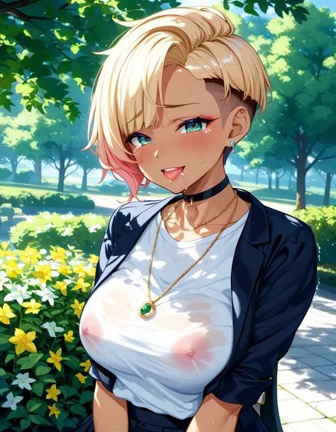 (Highest quality, 4K, 8k, High Resolution masterpiece:1.2), Very detailed, Picturesque, Anime-style photos, Photo Animation:1.37)、a beautiful girl、(Brunette Hair)、(pixie cut)、gyaru、tan、downtown area、Ecstasy face、trembling、Sweat、Drooling、crying、vapor、Black ...