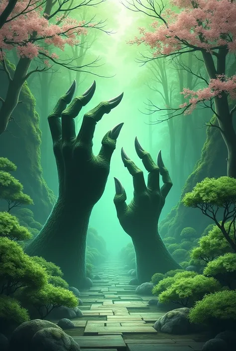 I want you to create a green background with Japanese details and claws

