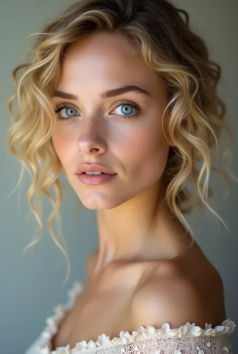 realistic photo of a young woman with curly LIGHT BLOND hair. her face resembles natalie portmans. she has blue eyes. its photo portrait