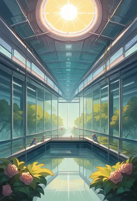 Hospital of the future with walls all made of blue glass, many trees in the lake and flowers, birds flying, with a stream passing in the background, beautiful sun in the sky, people entering the hospital, Futurism, interior architecture, Social realism, go...