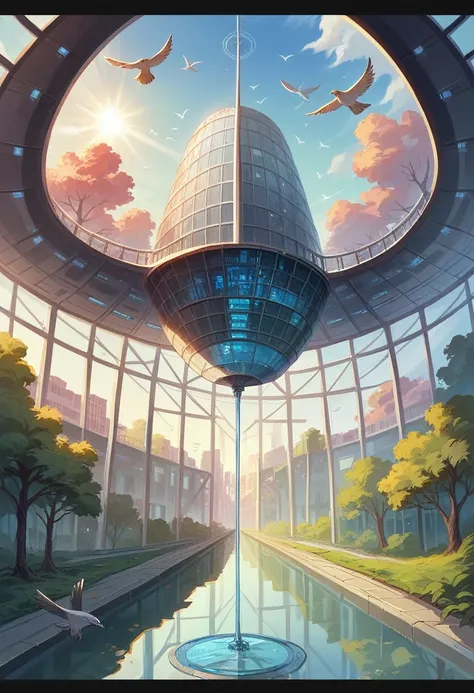 Hospital of the future with walls all made of blue glass, many trees in the lake and flowers, birds flying, with a stream passing in the background, beautiful sun in the sky, people entering the hospital, Futurism, interior architecture, Social realism, go...