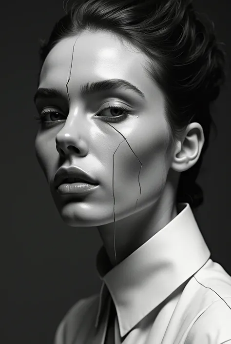 "Create a high-fashion editorial image where the model’s face is fragmented into multiple perspectives, as if seen through a broken mirror. The composition should blend Irving Penn’s classic, clean lines with Rankin’s bold, modern approach to fashion photo...