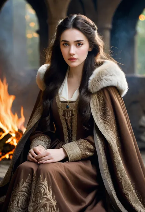 The image shows a young woman sitting, with a serene and contemplative expression, in an environment that seems to be from a medieval era or inspired by fantasy. 

The woman has fair skin, long, dark hair that falls softly over her shoulders in waves. His ...