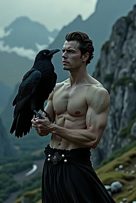 handsome and naked man holding a black raven. Mountains behind of him. Image must be inspired by stories of Edgar Alan Poe. Mistery image.